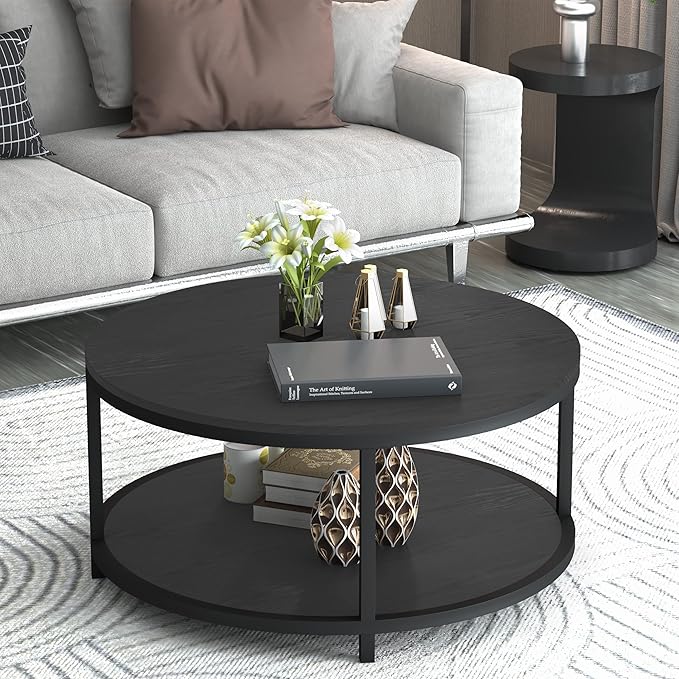 NSdirect Round Coffee Table, 36" Rustic Wooden Surface Top & Sturdy Metal Legs Industrial Sofa Table for Living Room Modern Design Home Furniture with Storage Open Shelf (Black Oak)