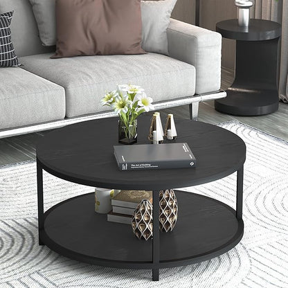 NSdirect Round Coffee Table, 36" Rustic Wooden Surface Top & Sturdy Metal Legs Industrial Sofa Table for Living Room Modern Design Home Furniture with Storage Open Shelf (Black Oak)