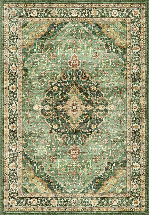 6x9 Vintage Rugs for Dining Room, Washable Rugs Non Slip Large Area Rug for Living Room Bedroom Office, Floor Decoration Big Rug Mat Low-Pile Kid & Pet Friendly(Border Green)