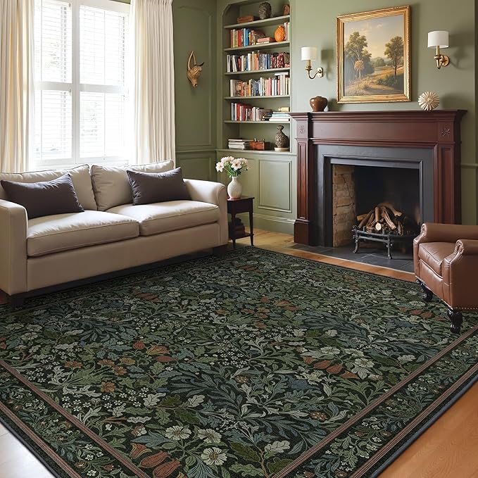 GENIMO 8x10 Washable Area Rug, Non-Slip Vintage Boho Floral Carpet, Soft Low-Pile Thin Living Room Rug for Bedroom, Dining Room, Nursery, Dark Green