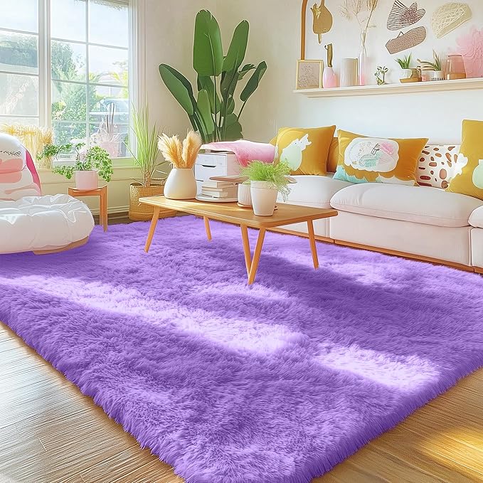 OLANLY Area Rugs for Living Room Bedroom, Machine Washable 4x5.9 ft Soft Fluffy Shaggy Bedside Rug, Indoor Floor Carpet for Kids Girls and Boys, Dorms, Nursery Rooms, Home Decor Aesthetic, Purple