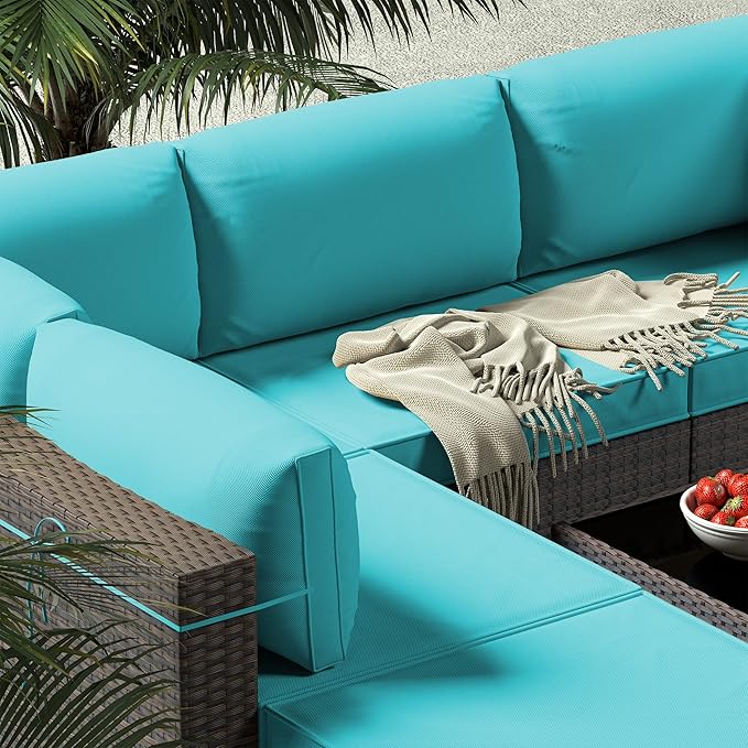Gotland 7 Pieces Patio Furniture Set with 4’’ Thick Cushions, All-Weather PE Rattan Patio Set with 29.5'' High Backrest, Outdoor Furniture with Coffee Table for Porch Deck Garden Green Blue