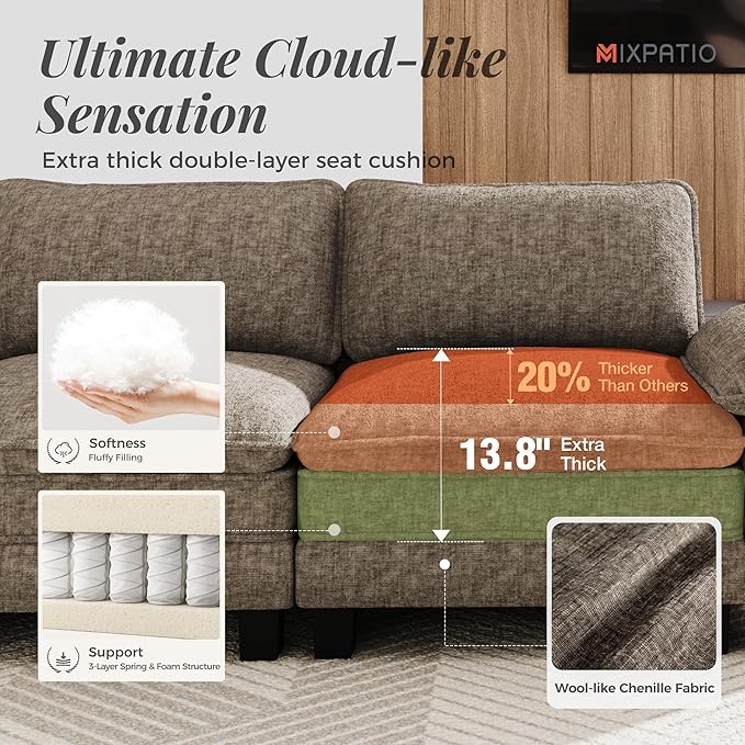 L-Shaped Cloud Modular Sofa Set, Deep Seat 2-Piece 3-Seater Sectional Couch & Removable Arms, Plush Chenille for Living Room - Smoky Gray
