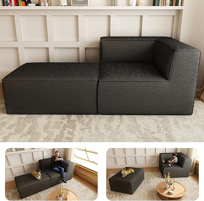 76" Sectional Compressed Sofa Modular Couches,High-Density Foam No Assembly Required, 2-Piece(1x Corner 1x Ottoman) for Living Room, Chenille Dark Gery