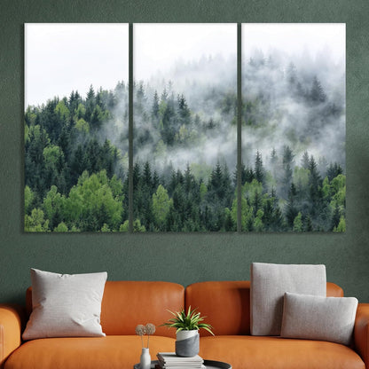 Nature Wall Art Prints - Ocean Forest Mountain Lake Canvas Landscapes - Small to Extra Large Living Room Bedroom Kitchen Bathroom Décor (Pine Trees in Fog, 31L" x 47W" - 3 Panels)