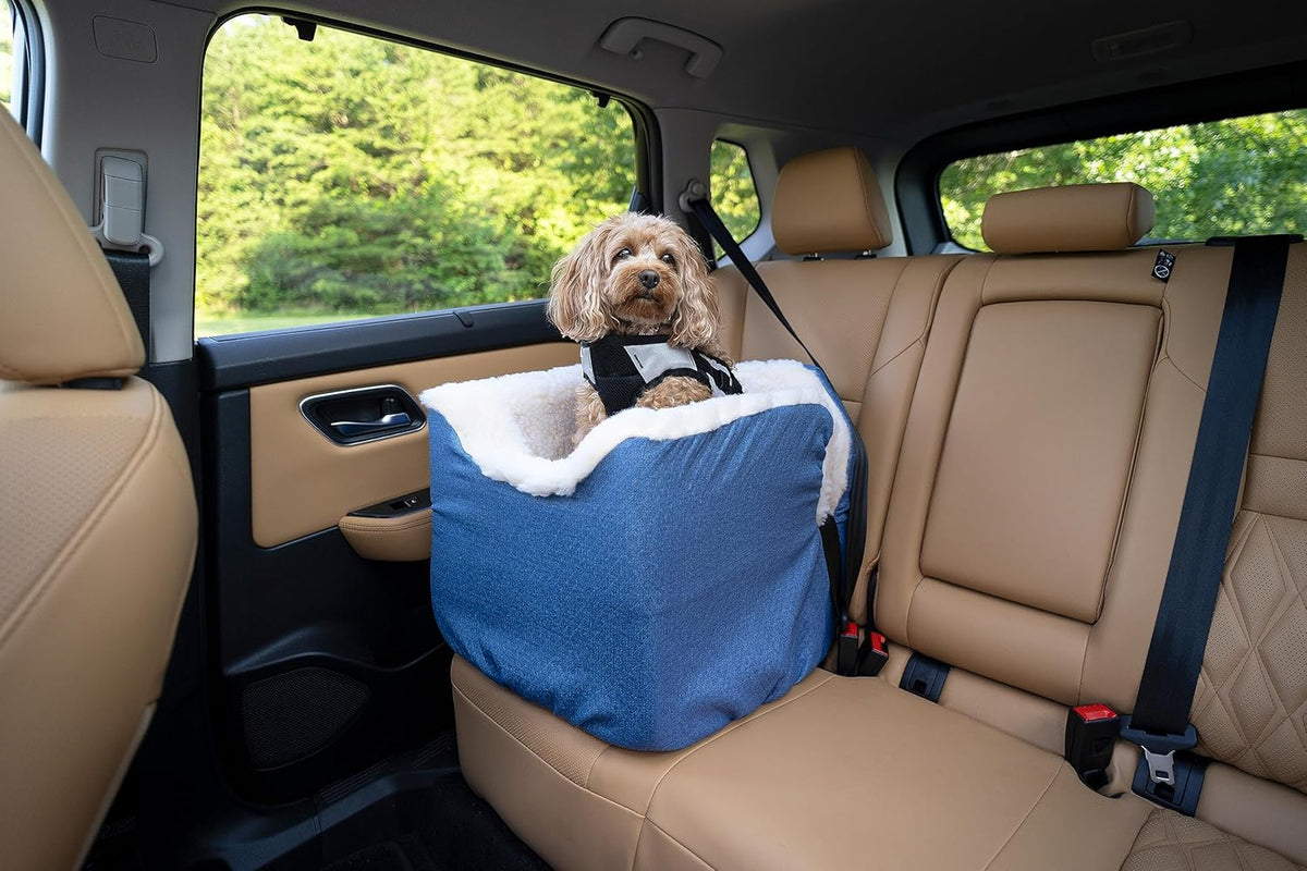 Snoozer Dog Car Seat: Lookout I Booster Seat for Small Dogs (5-15 lbs), Denim Diamond Fabric, Machine Washable Cover