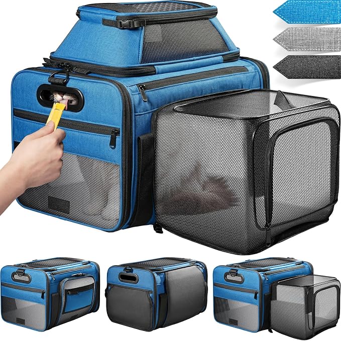 Top-Side Expandable Pet Carrier, Treat Window,18x13x9.5 Airline Approved | for Southwest Frontier,Soft-Sided Cat Carrier, Anti-Scratch Mesh, Lockable Zippers,Dog Carrier for Kitten,Rabbit,Puppy, Blue