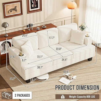 Homall Couch for Living Room, 83" Couches with Soft Deep Seats, Modern Sofa 3 Seater in Corduroy for Apartment, Bedroom (Cream)