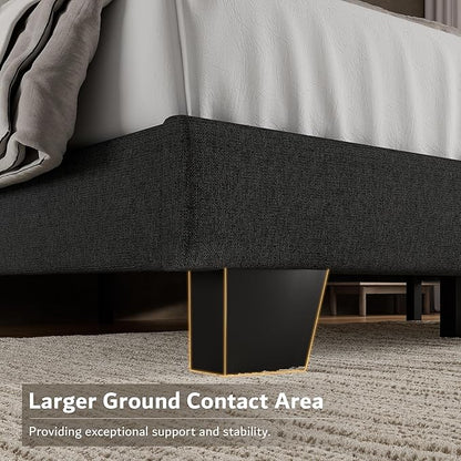 iPormis Queen Platform Bed Frame with Fabric Upholstered Headboard & Thickened Legs, Mattress Foundation w/Solid Wooden Slats Support, Noise Free, No Box Spring Needed, Dark Grey