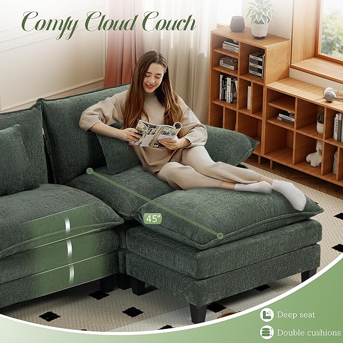 Modular Sectional Sofa, Comfy Cloud Couch with Movable Ottoman, Deep Seat Couches for Living Room, Bedroom and Apartment, 106" L Shaped Modern Sofa with Pillows, Green