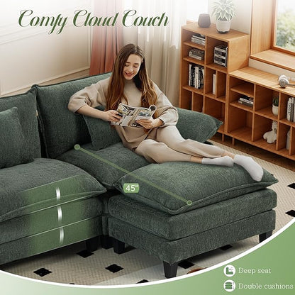 Modular Sectional Sofa, Comfy Cloud Couch with Movable Ottoman, Deep Seat Couches for Living Room, Bedroom and Apartment, 106" L Shaped Modern Sofa with Pillows, Green