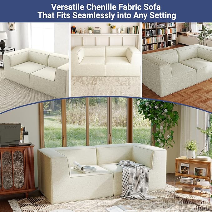 76" Sectional Compressed Sofa Modular Couches Loveseat 2 Deep Seat,High-Density Foam No Assembly Required,2-Piece(2xCorner) for Living Room Fabric Chenille Beige