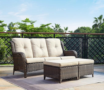 Rilyson Outdoor Furniture Set, 5-Piece Patio Rattan Wicker Sectional Sofa Set with 3-Seat Couch, 2 Armchairs, 2 Ottoman Footrests for Patio Conversation (5 PC,Brown/Beige)
