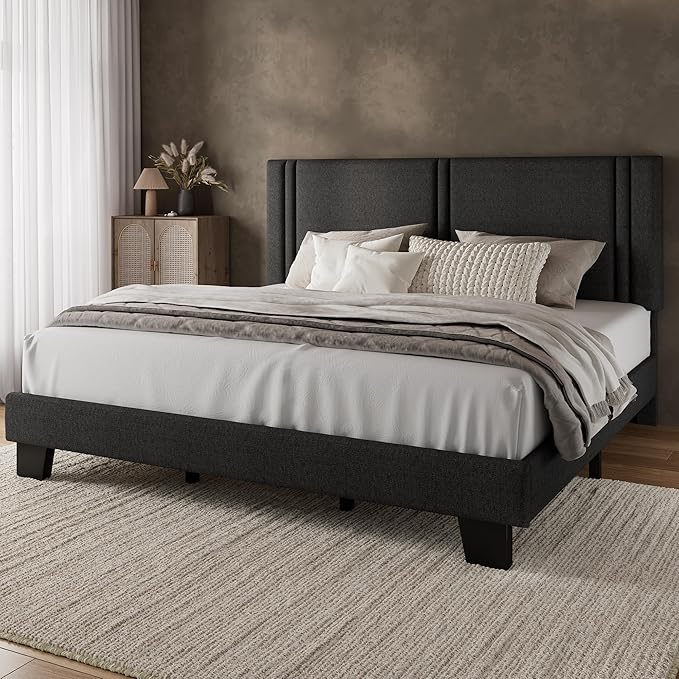 iPormis King Platform Bed Frame with Fabric Upholstered Headboard & Thickened Legs, Mattress Foundation with Solid Wooden Slats Support, No Box Spring Needed, Noise Free, Dark Grey