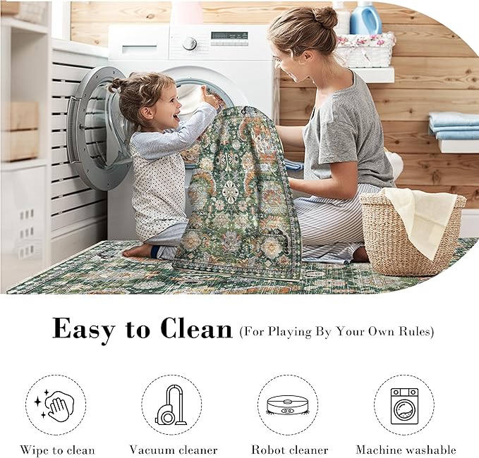 RUGSURE Washable Area Rugs - Perfect for Living Room, Bedroom, Kids Room, Nursery - Stain & Water Resistant Non-Slip, Pet & Child Friendly, Vintage Tribal Area Rugs (Green, 2'6'' x 8')
