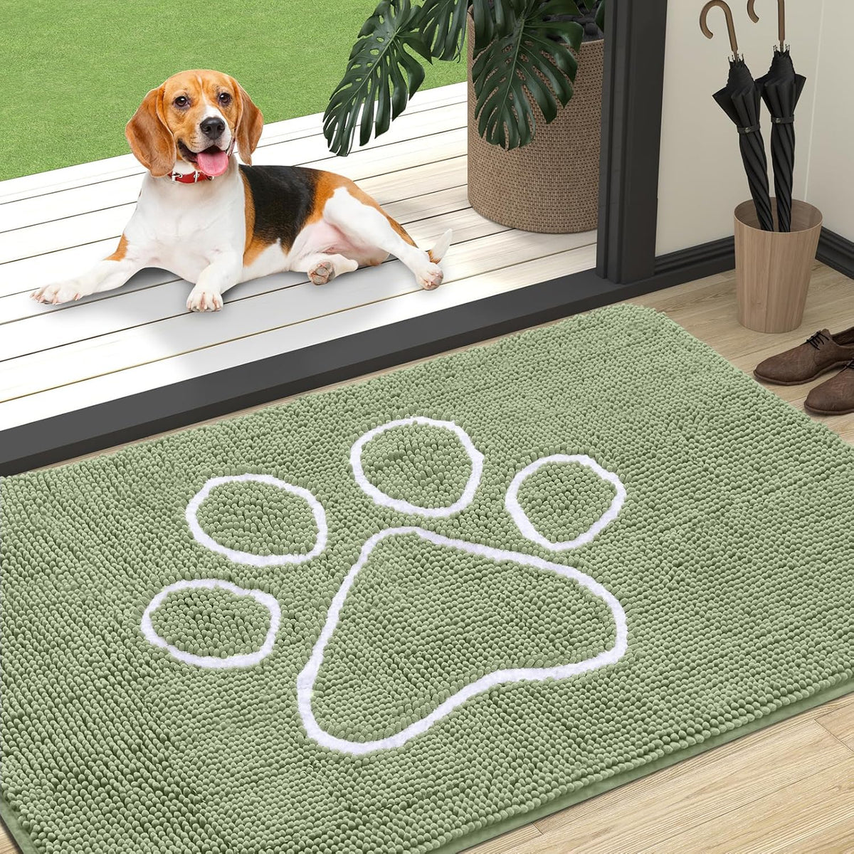 OLANLY Door Mat for Muddy Dog Paws 47x32, Ultra Absorbent Chenille Mud Doormat with Paw Print Design, Non-Slip Washable Doormat for Indoor Entryway, Quick-Dry Pet Bed Mats for Dirty Dogs, Sage Green