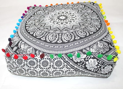 CRAFT KALA Black Elephant Flower Large Hippie Mandala Meditation Floor Ottoman Pillow Cushion Pouf Cover Square Poufs Bohemian Floor Cushion Case Outdoor Fireplace Living Room Decor Cover 16" Square