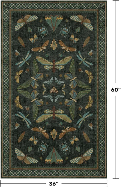 Green and Black Entryway Rug - 3x5 Throw Rug for Large Kitchen, Entry Way, Mudroom, Dark Unique Insect Print, Washable Low Pile Floor Carpet