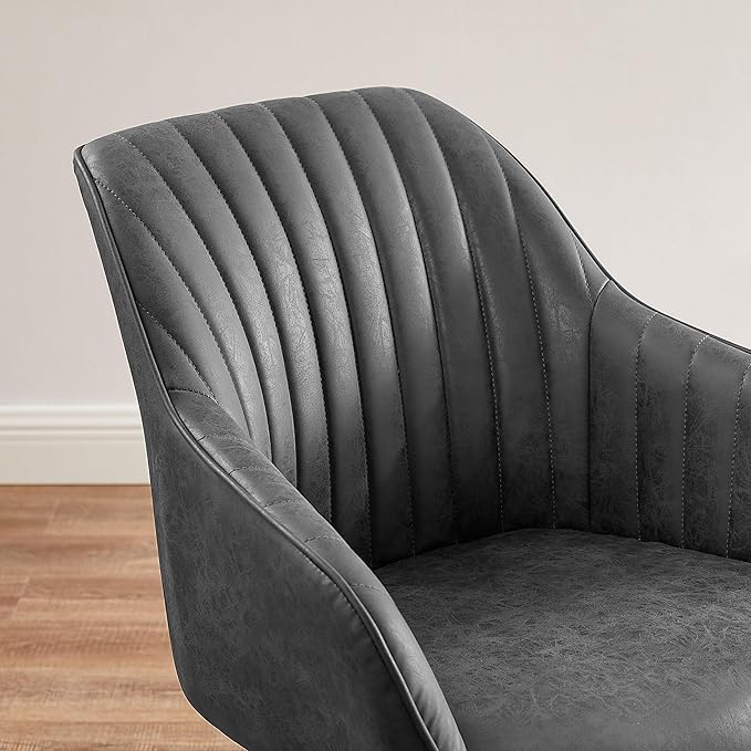 Art Leon Office Chair No Wheels, Mid Century Modern Desk Chair, Swivel Accent Chair with Oak Wood Legs, Faux Leather Upholstered Armchair for Desk, Black