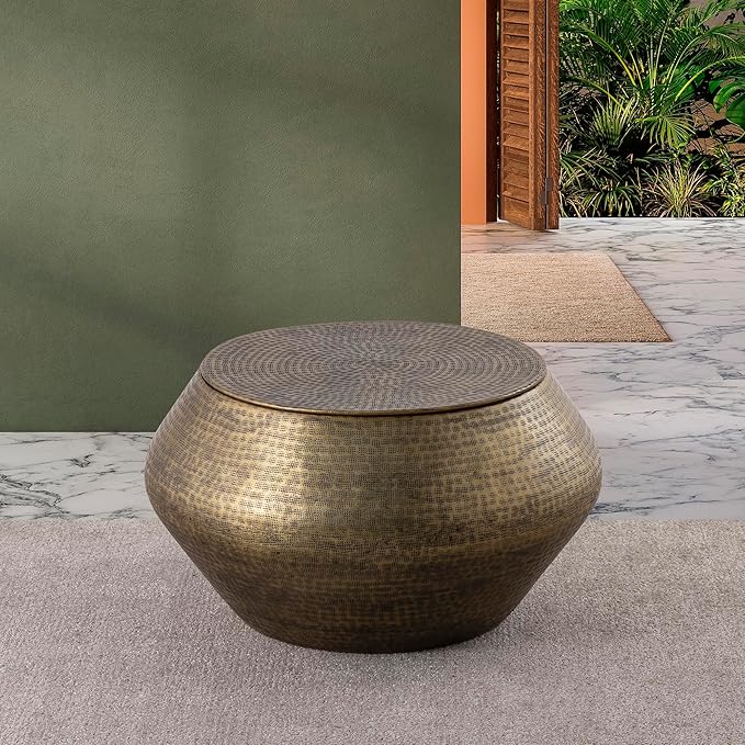 Albany Living Modern Cylindrical Aluminum Hammered Embossed Texturing, Metal Drum Coffee Table with Removable Lid for Storage,Fully Assembled, for The Living Room and Bedroom, Brass