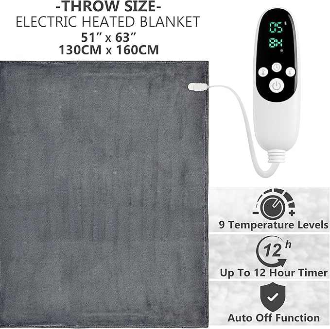 Heated Blanket Electric Luxurious Fleece Throw Blanket, 9 Heat Settings & 12H