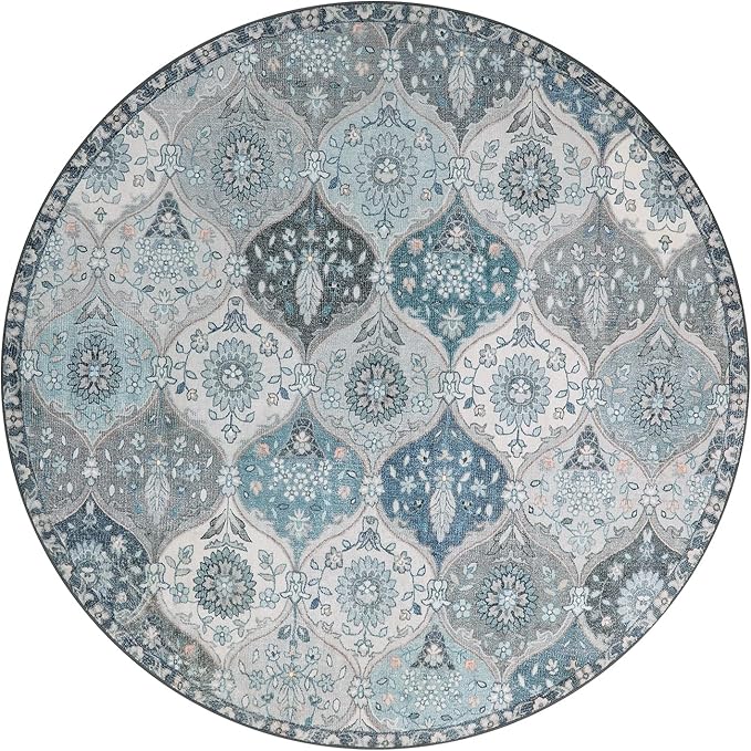 Lahome Moroccan Trellis Washable Round Area Rug, Soft Round Rugs 6ft Ultra-Thin Non-Slip, Vintage Large Circle Carpet for Bedroom Living Room Kitchen Nursery, Blue