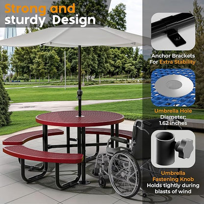 Metal Picnic Tables for Outdoors with Umbrella Hole - Coated Steel Heavy Duty Commercial Grade Furniture Set with Adjustable Seats (Red, 46 in, Round, Expanded Steel)