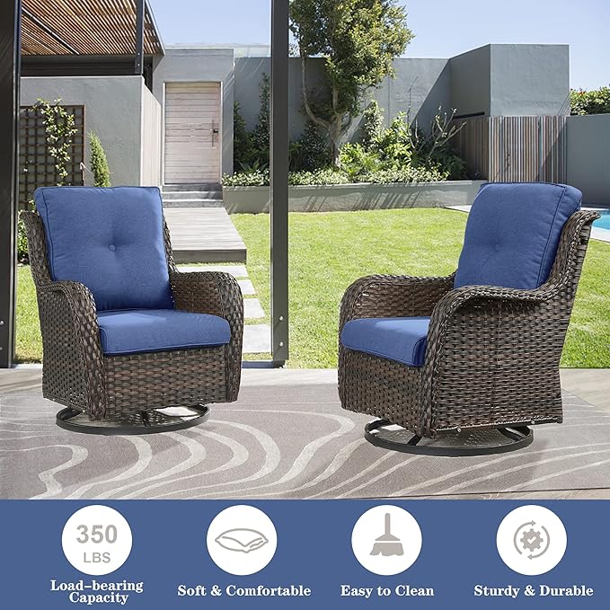 Belord 5 Piece Outdoor Patio Furniture Set - Wicker Furniture Patio Conversation Set, Outdoor Swivel Rocker Chairs with 3-Seater Sofa and 2 Ottomans for Small Space, Blue Cushion