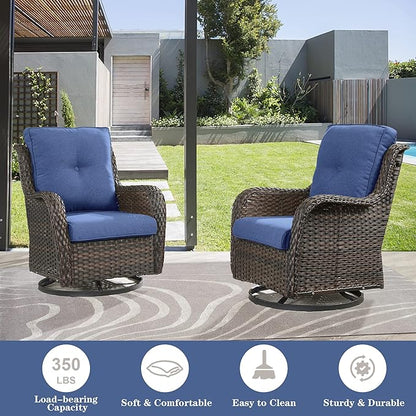 Belord 5 Piece Outdoor Patio Furniture Set - Wicker Furniture Patio Conversation Set, Outdoor Swivel Rocker Chairs with 3-Seater Sofa and 2 Ottomans for Small Space, Blue Cushion