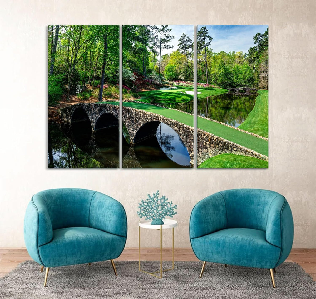 Nature Wall Art Prints - Ocean Forest Mountain Lake Canvas Landscapes - Small to Extra Large Living Room Bedroom Kitchen Bathroom Décor (Golf Course with Stone Bridge, 47L" x 71W" - 3 panels)