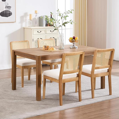 Wahson Mid Century Modern Dining Chairs Set of 2, French Country Modern Style, Rectangle Cane Upholstered Kitchen Chairs with Natural Wooden Legs, White Chenille