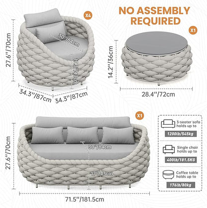 Erotr 6 Pieces Deck Patio Furniture Set: Hand Woven Rope, Rusrproof Aluminum Frame, Weather Resistant, Thick Cushions, No Assembly, Comfy Outdoor Conversation Sofa Set for Porch Yard Lawn Hotel - Gray