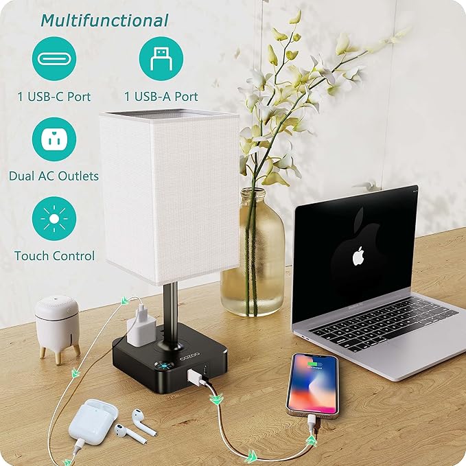 cozoo Bedside Table Lamp with 3 Levels Brightness,Dimmable Table Lamp with USB C+A Charging Ports,2 AC Outlets,Nightstand Lamp White Shade,Touch Bedroom Lamp for Living Read Work