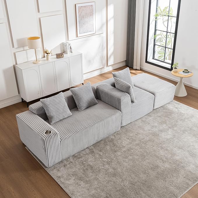 106" Modular Sectional Sofa, Modern Cloud L-Shape Couch with Ottoman Chaise, Comfy Deep Seat Chenille Boneless Couches for Living Room, No Assembly Required, Light Grey