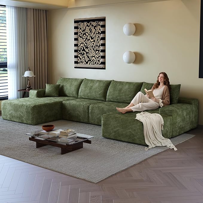108" Sectional Couches for Living Room Modern Modular Sofa with L-Shape Couchs Upholstered Boneless Couch Deep Seat Sectional Couch with Chaise (Green, Left Facing Chaise+3Seaters+Ottoman)