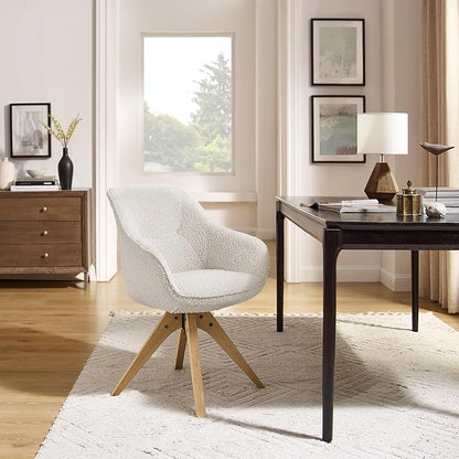 Art Leon Swivel Accent Chair - Mid Century Modern Desk Chair No Wheels, Boucle Fabric Upholstered Armchair with Natural Oak Wood Lges, White
