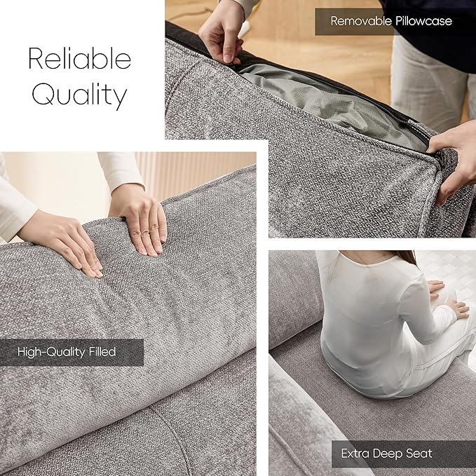 Ihanherry 90" Modern Sofa for Living Room, Deep Seat Chenille Couch with Fast Charging Port & Removable Washable Cushions, Pillow-Armrest Loveseat for Small Space/Apartment, Sturdy Frame, Grey
