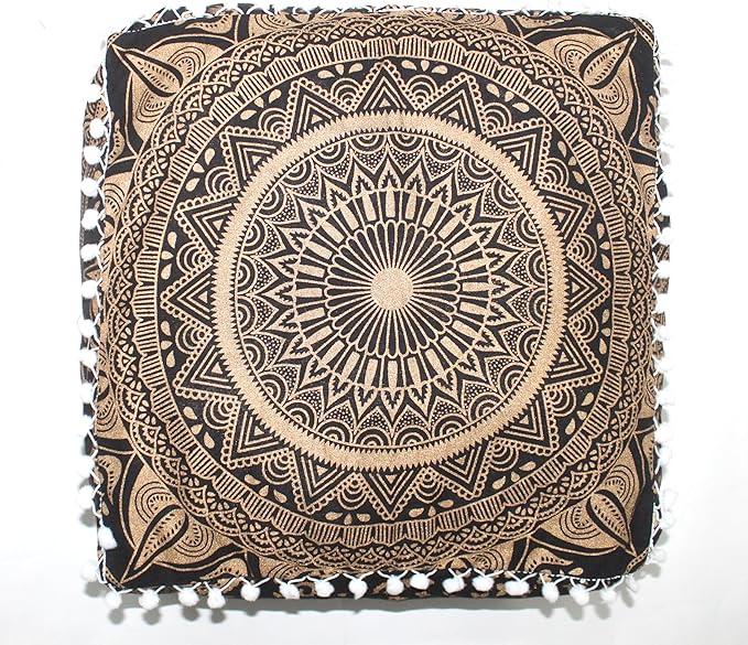 CRAFT KALA 16" Square Large Hippie Mandala Meditation Floor Ottoman Pillow Cushion Pouf Cover Square Poufs Bohemian Circle Floor Cushion Case Outdoor Fireplace Yoga Living Room Decor Cover Black Gold