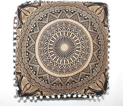 CRAFT KALA 16" Square Large Hippie Mandala Meditation Floor Ottoman Pillow Cushion Pouf Cover Square Poufs Bohemian Circle Floor Cushion Case Outdoor Fireplace Yoga Living Room Decor Cover Black Gold