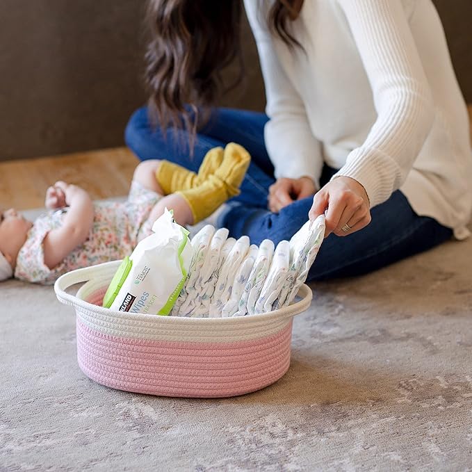 NaturalCozy 3-Piece Oval Storage Basket Set– Soft Natural Rope Woven Baskets for Storage Shelf, Toy, Nursery, Gift, Baby Shower, Pets Cat Dog Bins | Small Basket for Organizing (Off White & Pink)