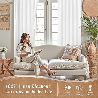 LAMIT White 100% Blackout Linen Curtains, 72 Inches Linen Textured Living Room