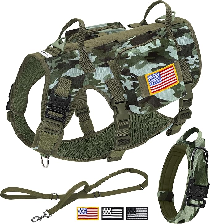 Forestpaw Tactical Dog Harness Tactical Dog Collar with Bungee Leash Set,No Pull Military Dog Harness for Walking Training,Adjustable for Medium Large Dogs,Camouflage Green,Chest 27-40"