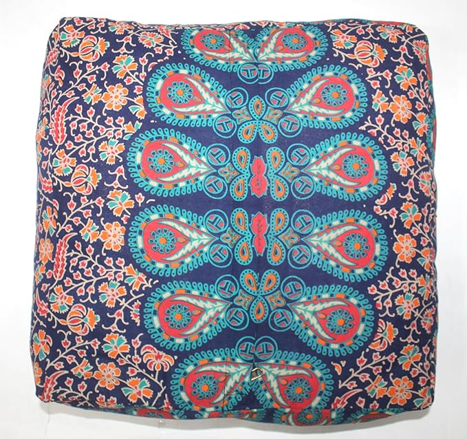 CRAFT KALA Large Hippie Mandala Meditation Floor Ottoman Pillow Cushion Pouf Cover Square Poufs Bohemian Circle Floor Cushion Case Outdoor Fireplace Yoga Living Room Decor Cover Orange, 24" Square