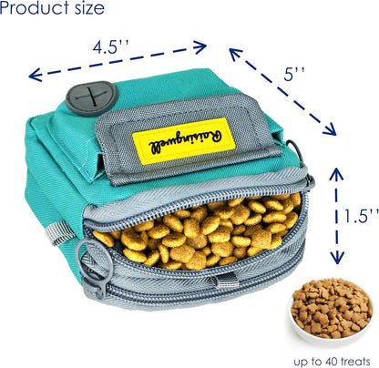 Dog Treat Pouch for Pet Walking and Training with Clicker Poop Bags and Three Bags Design Small Fanny Zipper Pack Holder for Puppy Snack Dispenser Kit for Leash and Outdoor Use (Green)