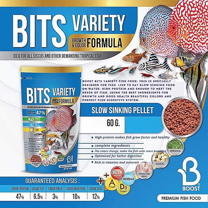 A.D.P. Fish Booster Bits Variety All Discus & Tropical Fish Food Mini Slow Sinking Pellets Grow Faster & Color Enhancing High Protein 47% for Goldfish & Aquarium Tropical Fish 60 g. Small Fish Feed