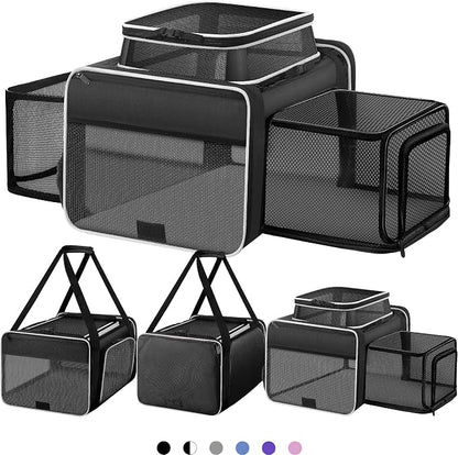 Top and 2 Sides Expandable Pet Carrier 17x11x9.5,TSA Airline Approved Small Dog Carriers for Small Dogs,Soft-Sided Cat Carrier with Self-Locking Zippers for Kitten,Rabbit,Puppy,Guinea Pig Black White