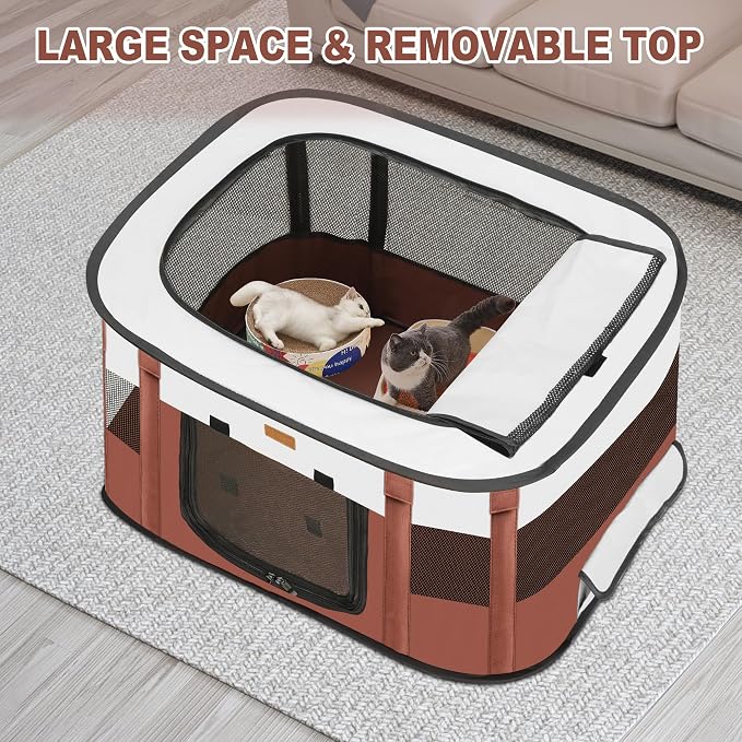 Dog Playpen - Foldable Cat Play Pens for Pubby, Kitten, Rabbit, Portable Pet Tent with Carring Bag for Indoor/Outdoor Travel Camping (Brown-Medium)