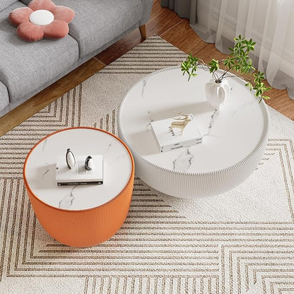 Round Coffee Table Set with Sintered Stone Tabletop, 27.56" White Drum Center Table and 19.69" Orange Coffee Table Set, 2 Pieces Living Room Table Set with Fluted PU Leather Cover& Metal Base
