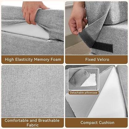 Folding Sofa Bed Convertible Floor Couch Foldable Chair Bed with Pillow，Linen Sleeper Chair Futon,Foldable Memory Foam Mattress for Bedroom/Living Room/Dorm/Office (Light Grey, Standard)