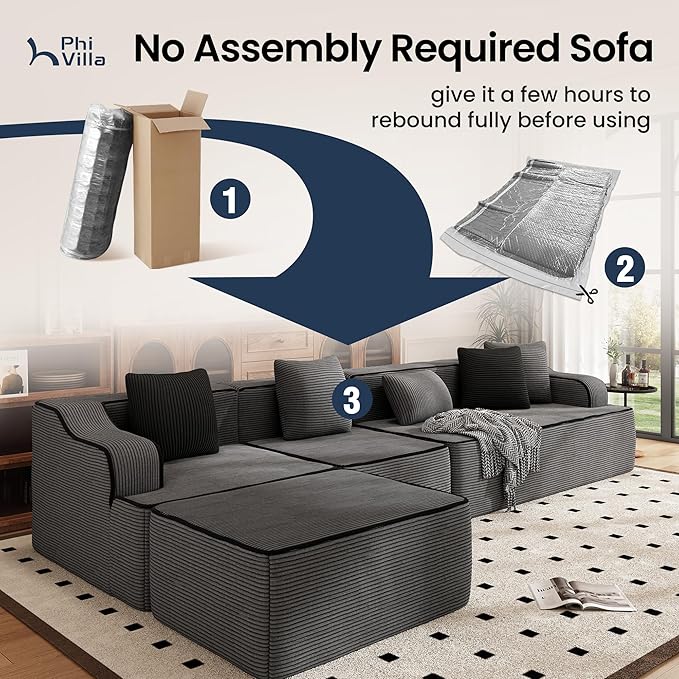 PHI VILLA Cloud Modular Couch, Boneless Sectional Sofa with U-Shaped Chaise, 6-Seater Couches with Movable Ottoman for Living Room, No Assembly Required, Corduroy, Grey